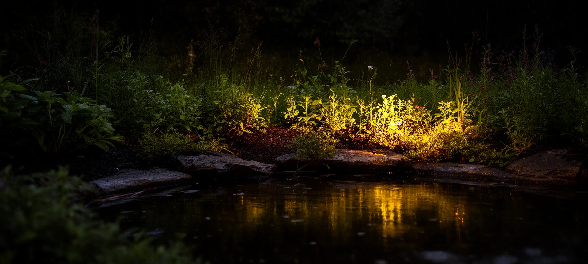Spotlights washing a planted border beside a pond