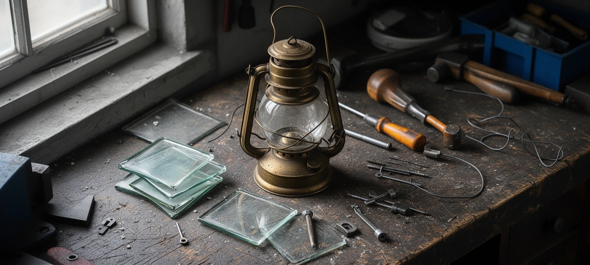 An old brass lantern stripped down on the workshop bench