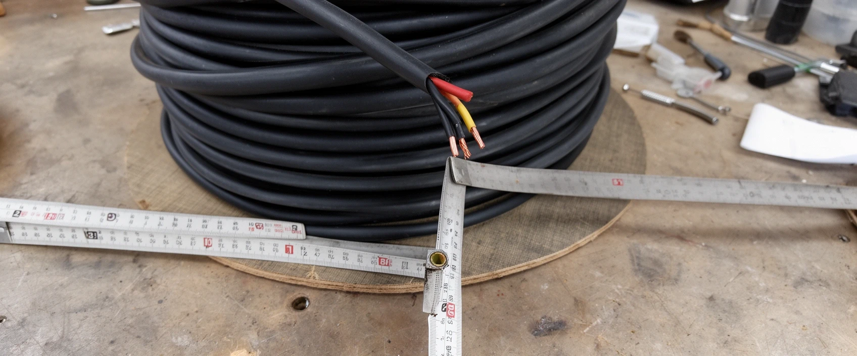 A drum of two-core cable being measured against a steel tape