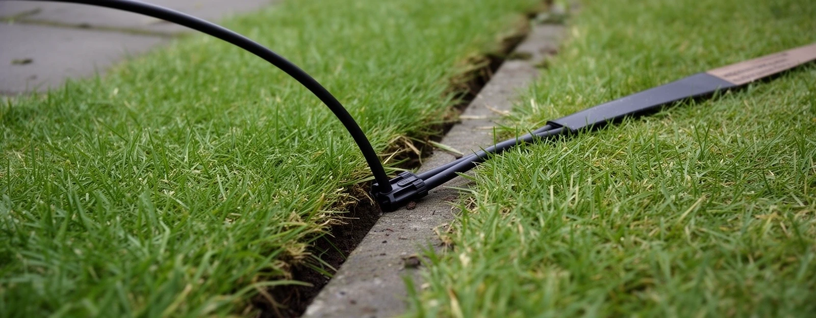 Two-core cable pegged into a slit cut in the turf beside a path