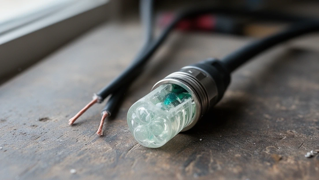 A gel-filled connector opened on the bench beside stripped cable ends