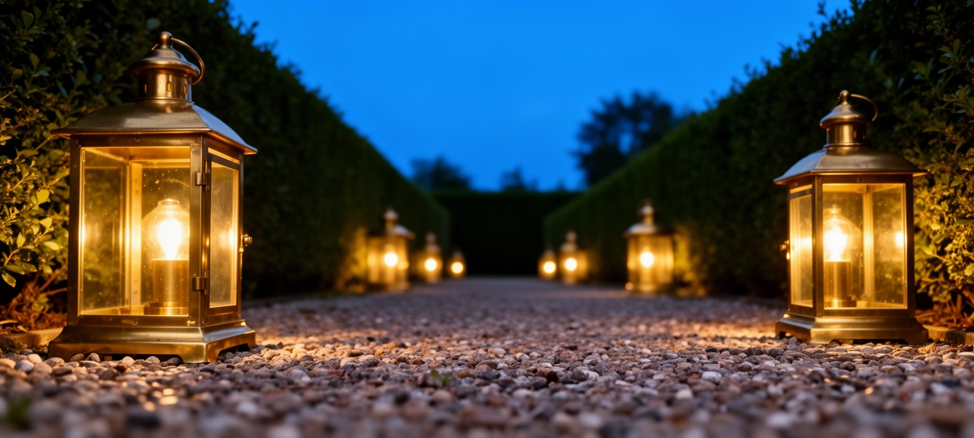 Brass path lanterns along a gravel path at dusk