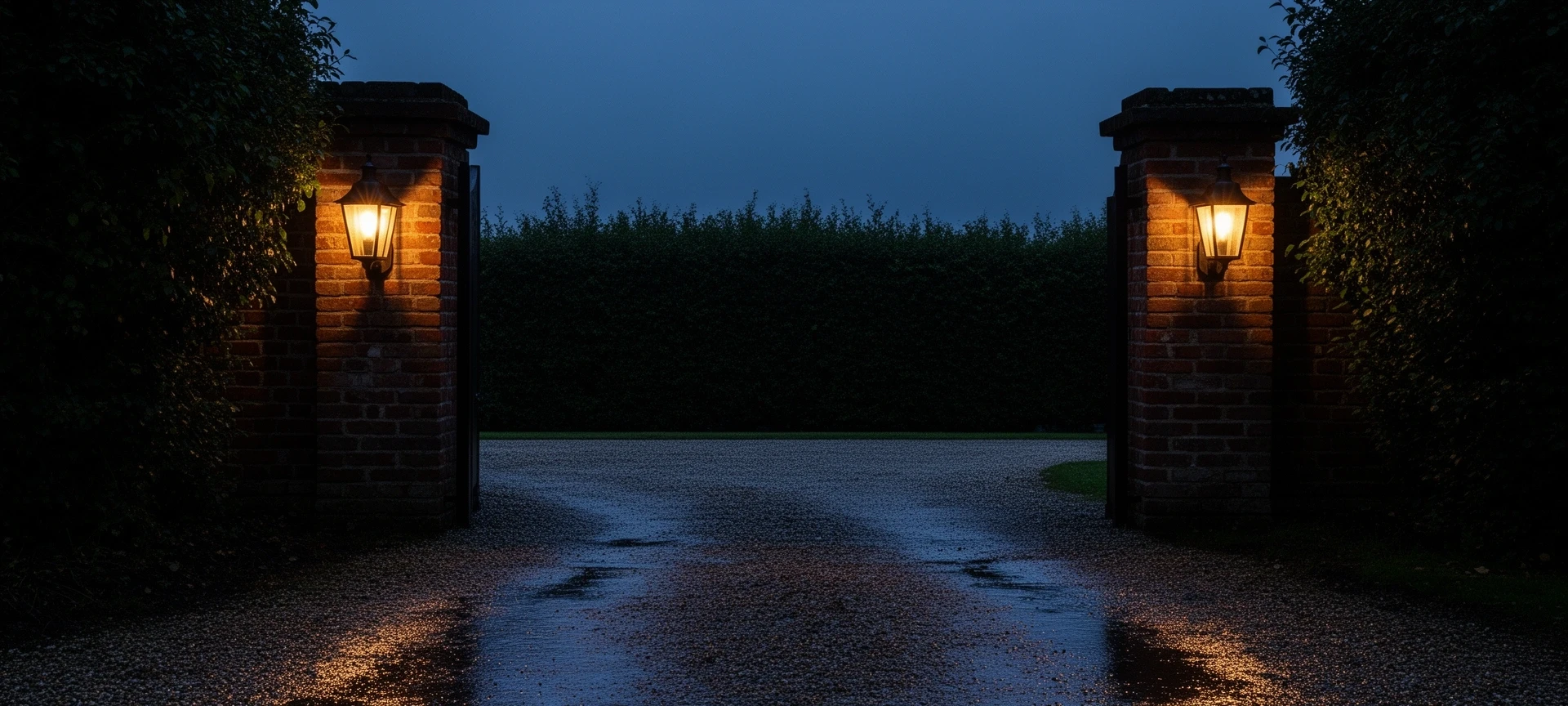 Lanterns either side of a gate on a gravel drive