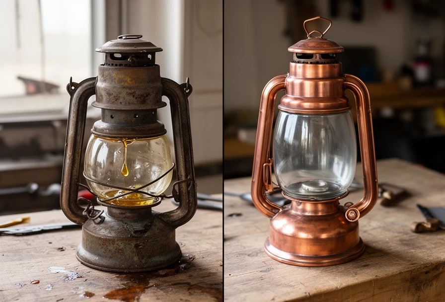 The same copper lantern before and after restoration, side by side on the bench