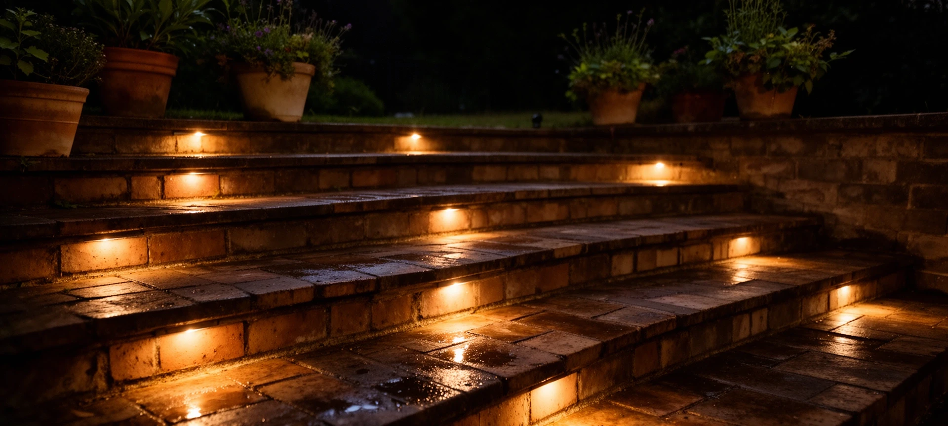 Low deck lights set into brick terrace steps